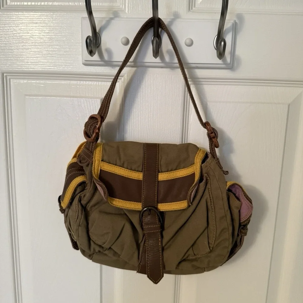 VTG GAP Jeans 1969 Hobo Buckle Shoulder Bag Brown Yellow Leather Canvas Purse